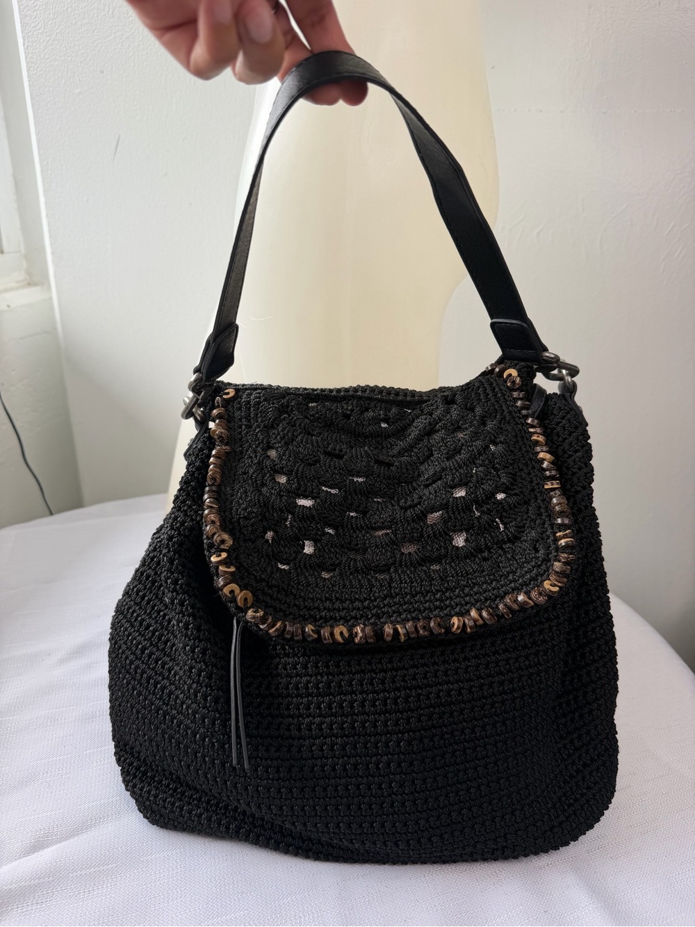 The Sak Black Crochet Woven Backpack Shoulder Bag Boho
